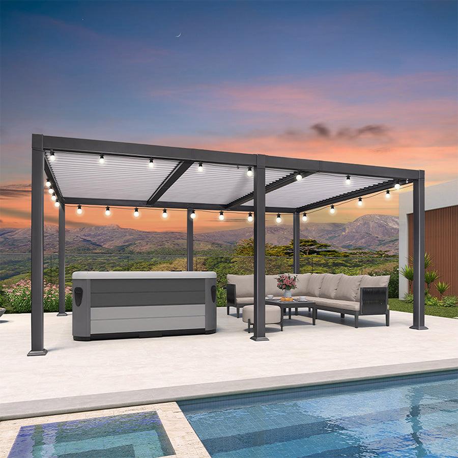 PURPLE LEAF Caesar Louvered Pergola with Milky String Lights Patio Aluminum Pergola with Independent Adjustable Rainproof Roof Hardtop Pergola for Outdoor Deck Garden Yard