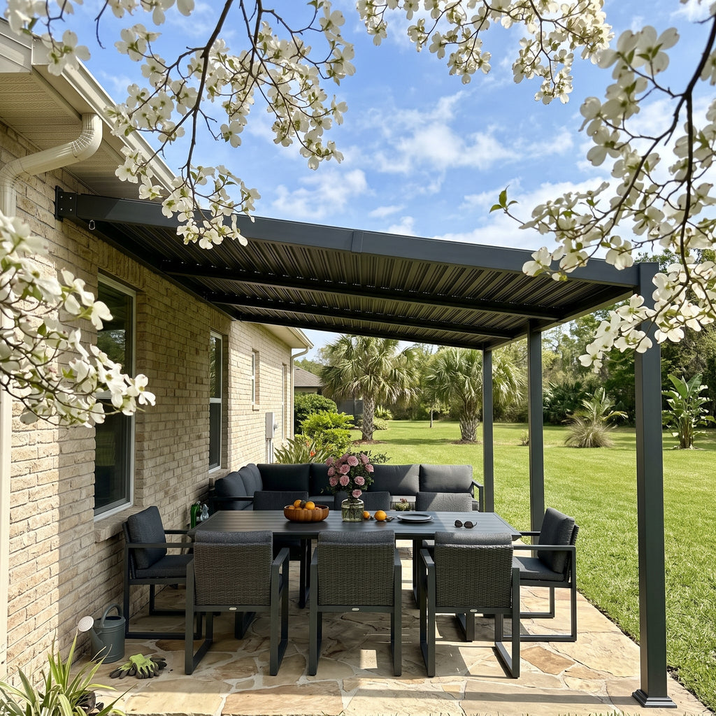 PURPLE LEAF Caesar Wall Mounted Louvered Pergola with LED String Lights, All-Aluminum Patio Cover with Adjustable Roof, Hidden Gutter Drainage, Lean-to Pergola for Deck, Backyard, Porch, Dark Gray