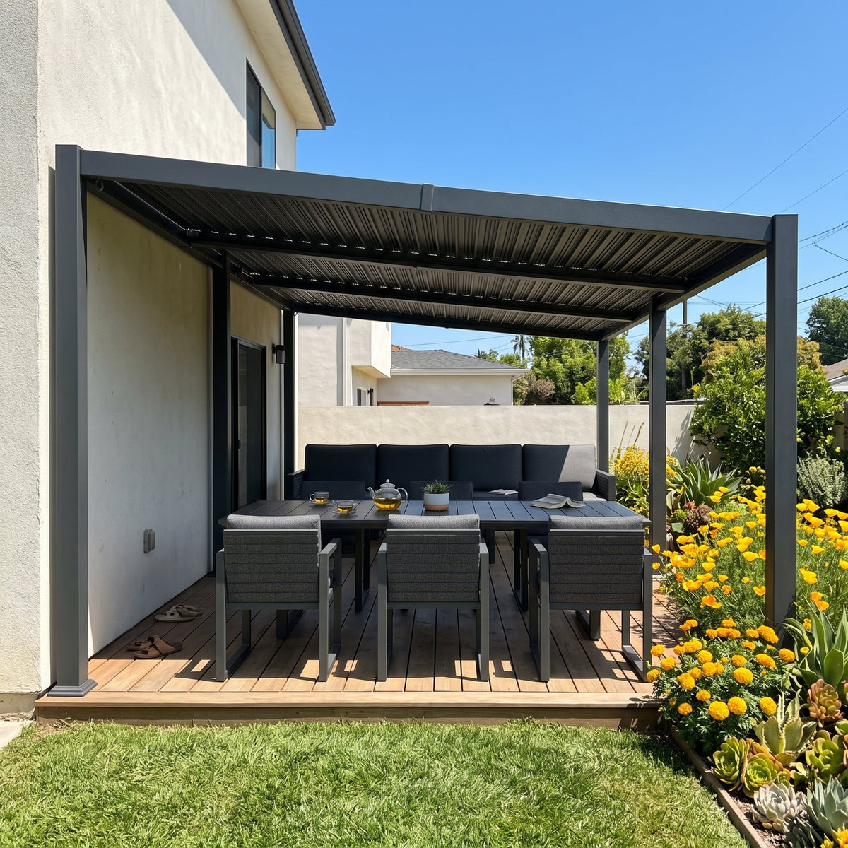 PURPLE LEAF Caesar Hardtop Louvered Pergola, Slanted Roof Outdoor Aluminum Patio Pergola with Adjustable Rainproof Roof, Heavy-Duty Lean to Gazebo for Patios Backyard Deck, Gray