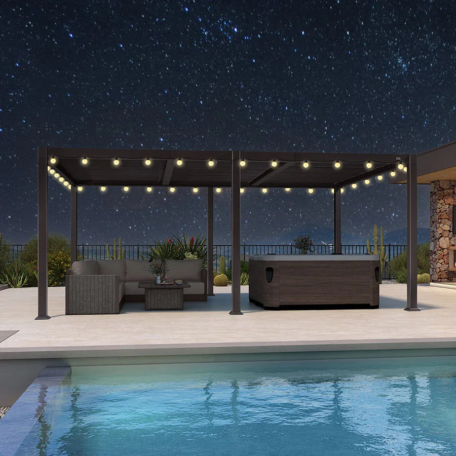 PURPLE LEAF Caesar Louvered Pergola Outdoor Adjustable Louvre Shade Modern Patio Aluminum Pergola with  Yellow Lights
