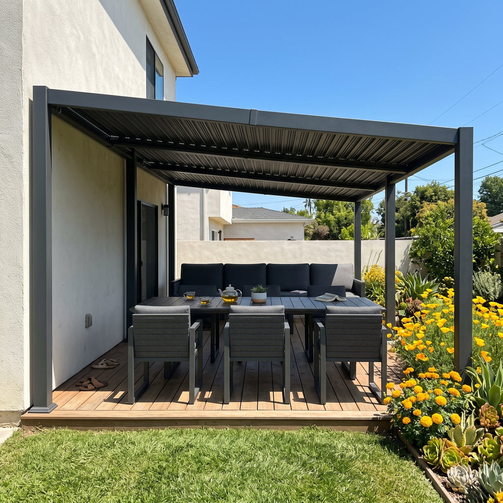 PURPLE LEAF Caesar Hardtop Louvered Pergola with LED String Lights, Slanted Roof Outdoor Aluminum Pergola with Adjustable Rainproof Louvers,Freestanding Patio Gazebo for Backyard Deck, Gray