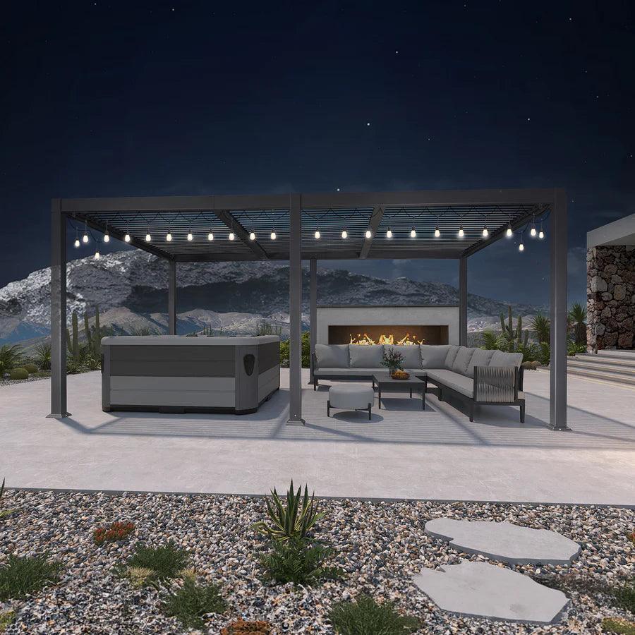 PURPLE LEAF Caesar Louvered Pergola with Yellow String Lights Patio Aluminum Pergola with Independent Adjustable Rainproof Roof Hardtop Pergola for Outdoor Deck Garden Yard
