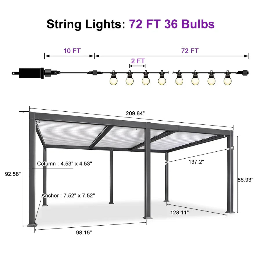 PURPLE LEAF Caesar Louvered Pergola with String Lights Patio Aluminum Pergola with Independent Adjustable Rainproof Roof With Yellow Lights