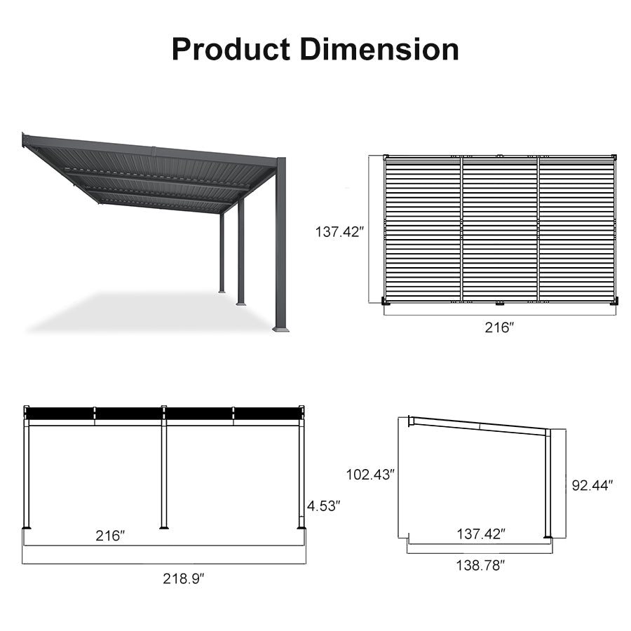 PURPLE LEAF Caesar Wall Mounted Louvered Pergola, All-Aluminum Patio Cover with Adjustable Roof, Hidden Gutter Drainage, Lean-to Pergola for Deck, Backyard, Porch, Dark Gray