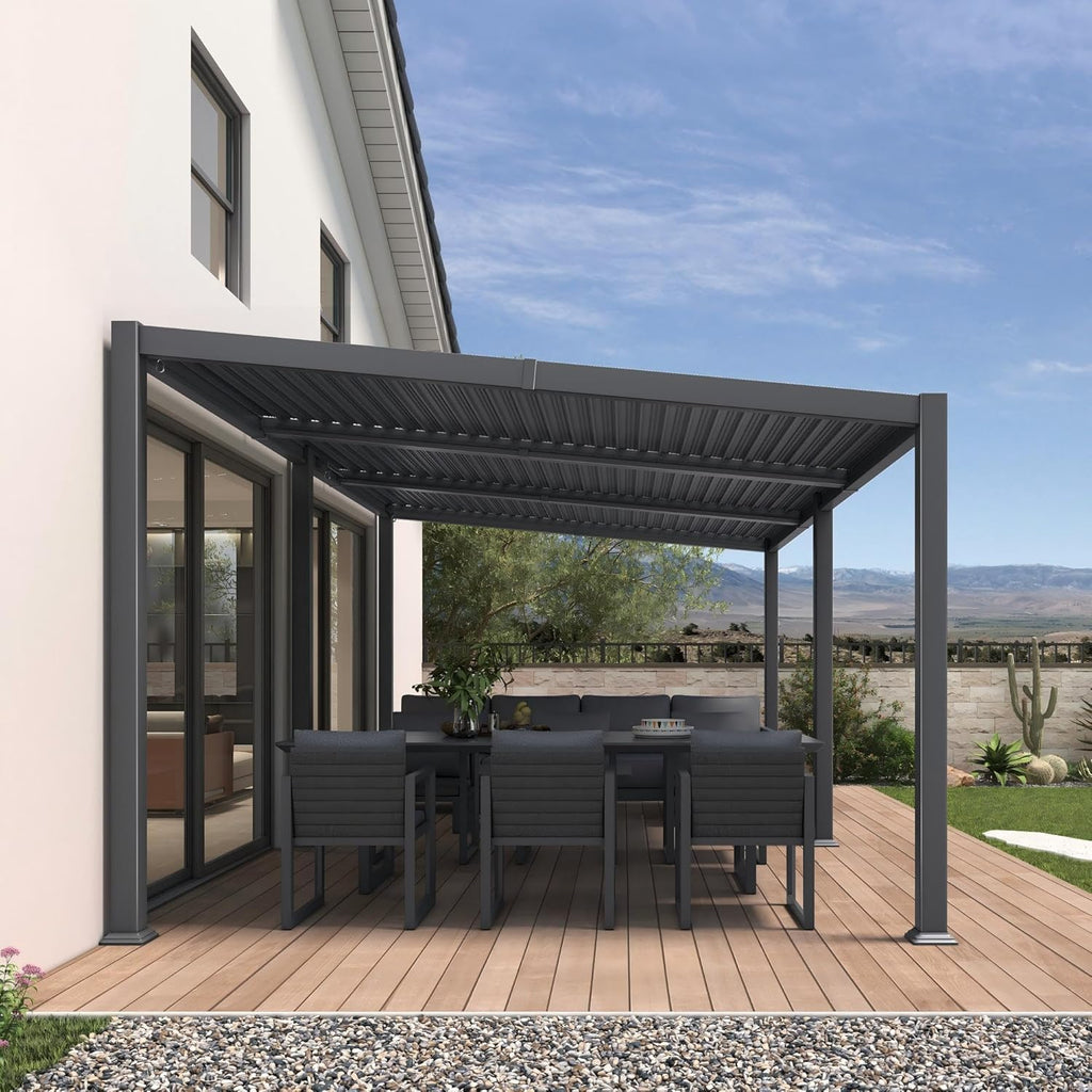 PURPLE LEAF Caesar Hardtop Louvered Pergola with LED String Lights, Slanted Roof Outdoor Aluminum Pergola with Adjustable Rainproof Louvers,Freestanding Patio Gazebo for Backyard Deck, Gray