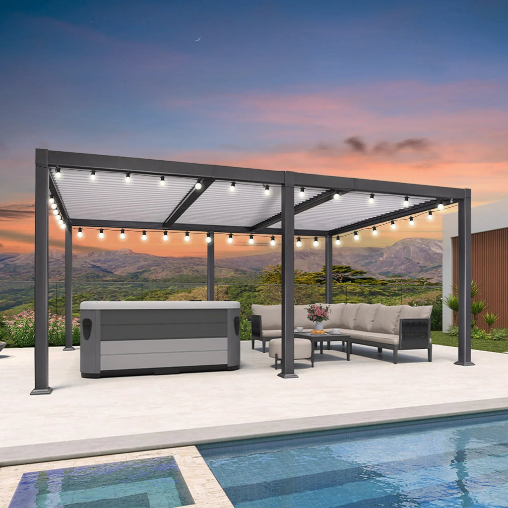 PURPLE LEAF Caesar Louvered Pergola with Milky String Lights Patio Aluminum Pergola with Independent Adjustable Rainproof Roof With Milky Lights