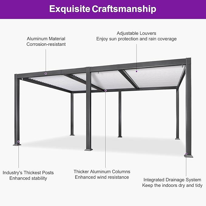 PURPLE LEAF Caesar Outdoor Louvered Pergola Patio Sun Shade Shelter with Adjustable Hardtop Patio Pergola Gray Frame White Roof