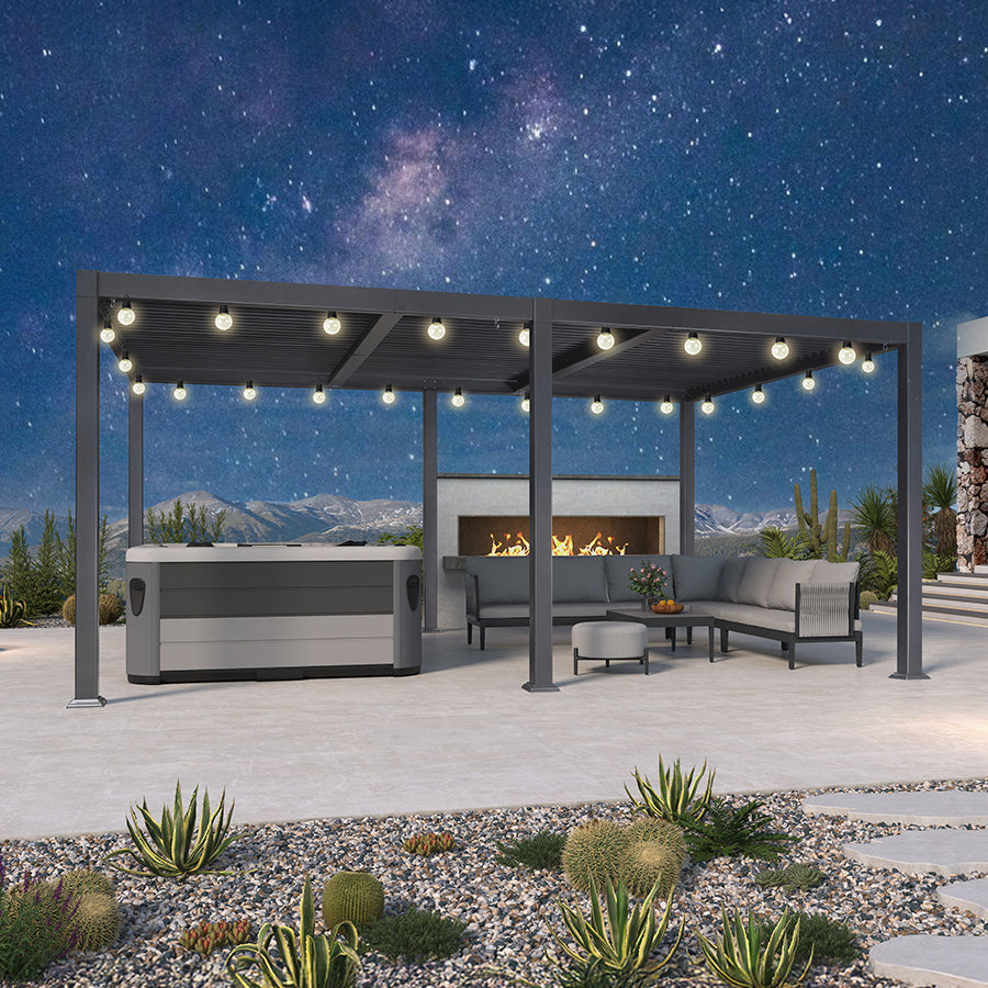 PURPLE LEAF Caesar Louvered Pergola with Yellow String Lights Patio Aluminum Pergola with Independent Adjustable Rainproof Roof Hardtop Pergola for Outdoor Deck Garden Yard