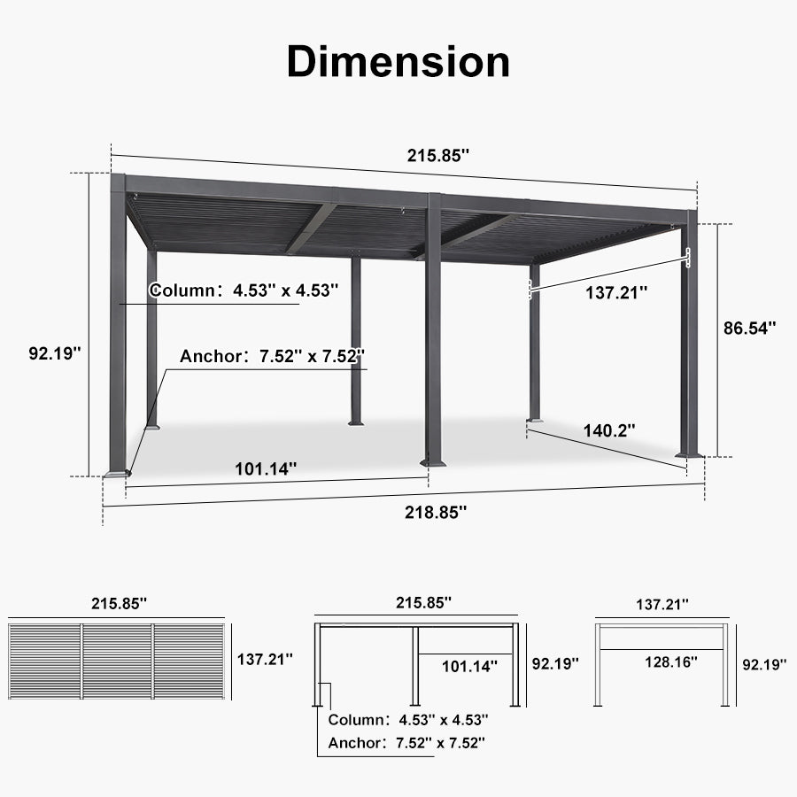 PURPLE LEAF Caesar Outdoor Louvered Pergola Patio Sun Shade Shelter with Adjustable Hardtop Patio Pergola Grey