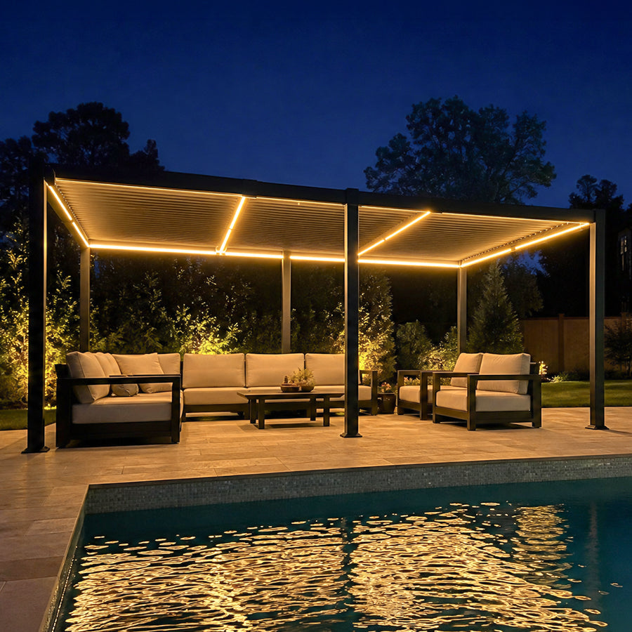 PURPLE LEAF Caesar Solar Louvered Pergola with LED Strip Lights and Control Panel Aluminum Outdoor Pergola with Adjustable Roof for Patio Deck Garden Yard Bronze