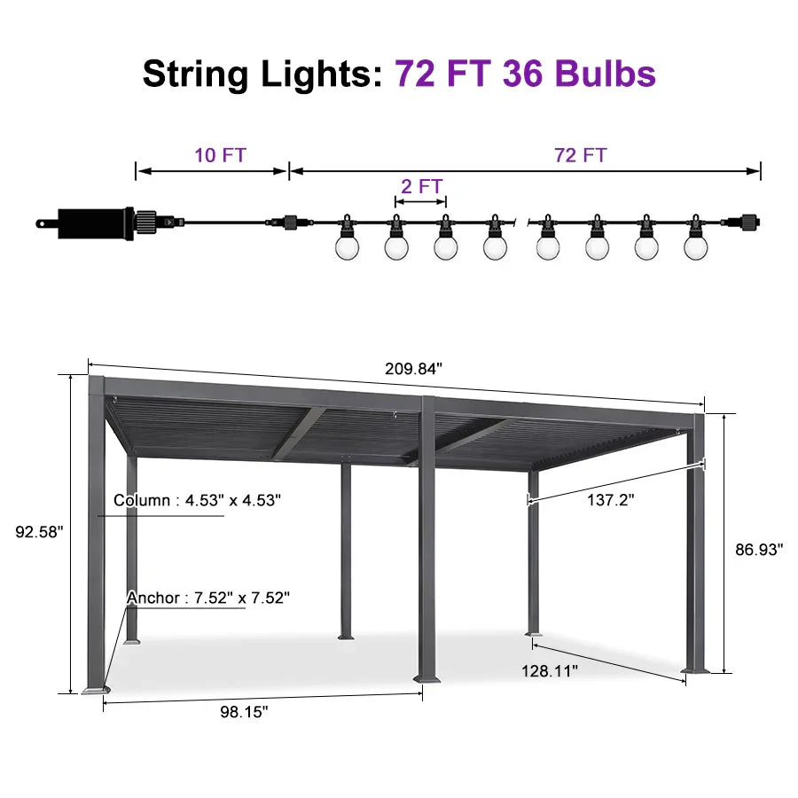 PURPLE LEAF Caesar Louvered Pergola with Milky String Lights Patio Aluminum Pergola with Independent Adjustable Rainproof Roof Hardtop Pergola for Outdoor Deck Garden Yard