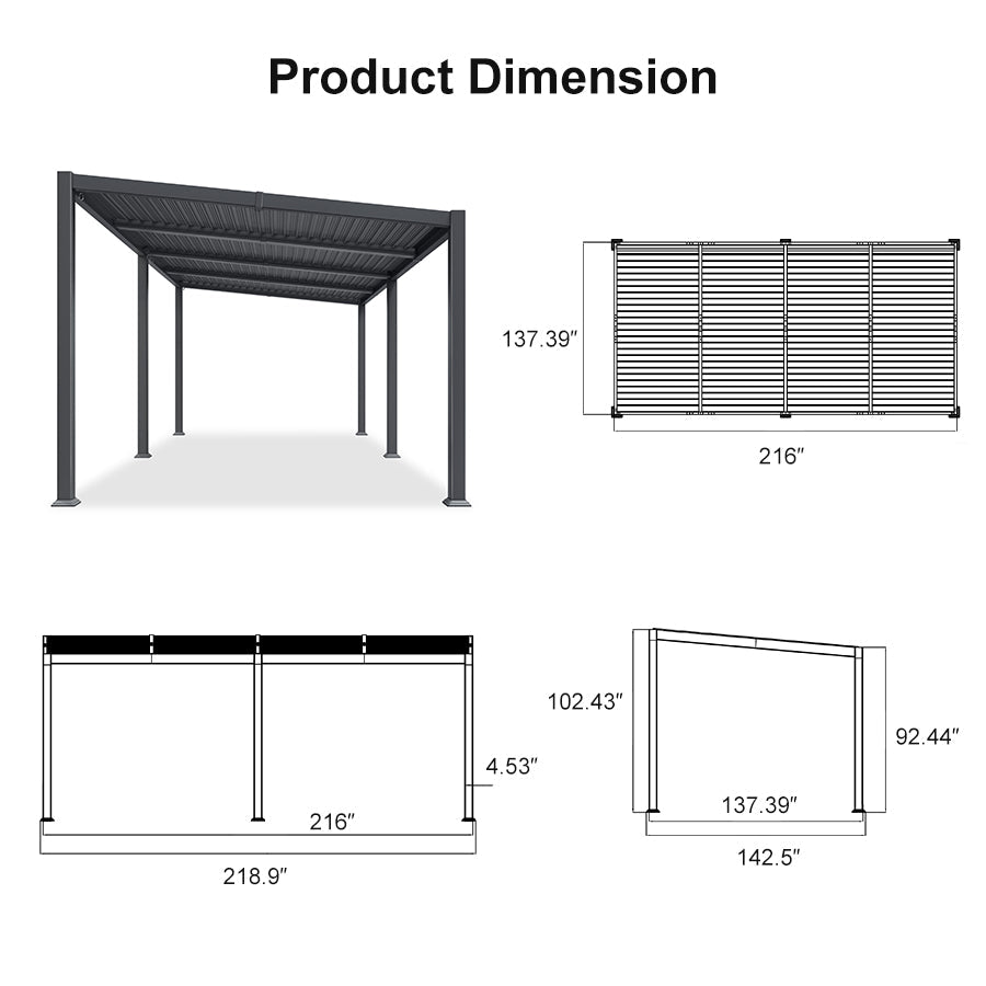 PURPLE LEAF Caesar Hardtop Louvered Pergola with LED String Lights, Slanted Roof Outdoor Aluminum Pergola with Adjustable Rainproof Louvers,Freestanding Patio Gazebo for Backyard Deck, Gray