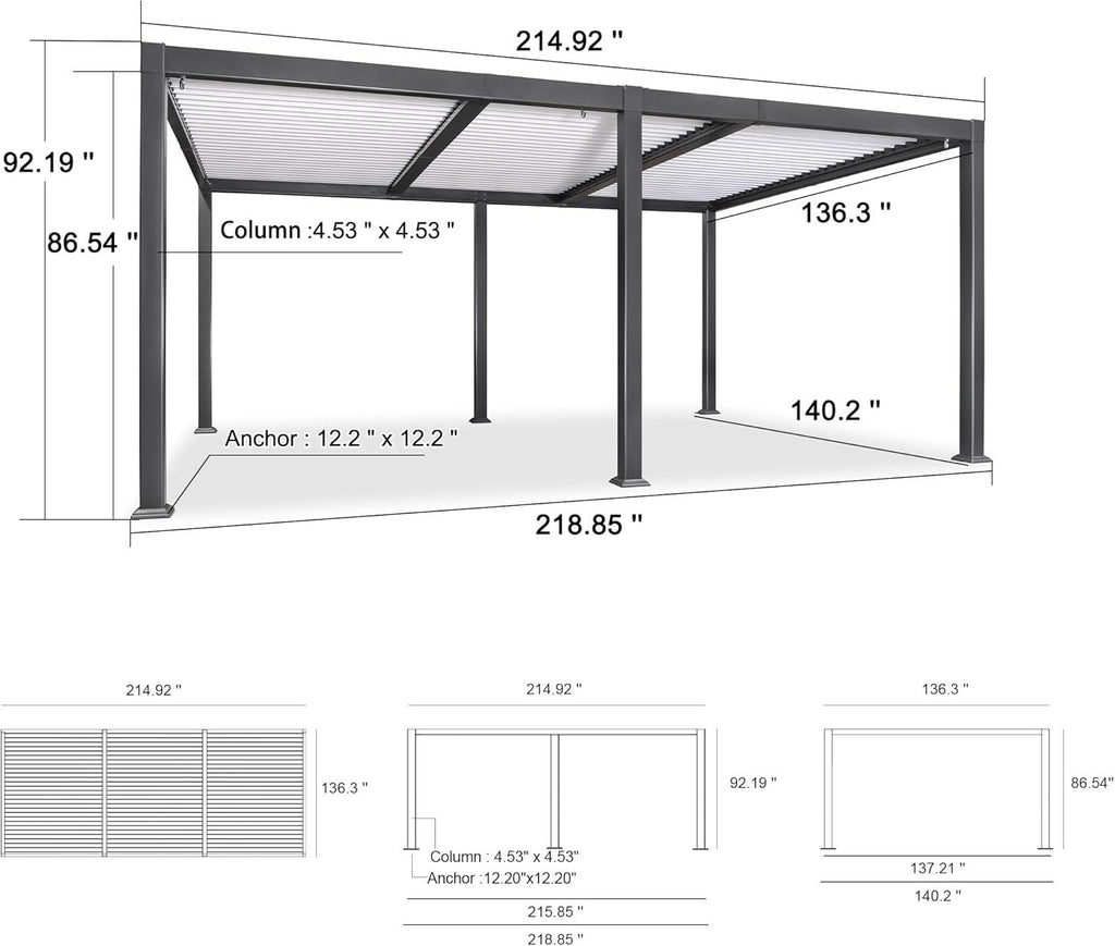 PURPLE LEAF Caesar Outdoor Louvered Pergola Patio Sun Shade Shelter with Adjustable Hardtop Patio Pergola Gray Frame White Roof