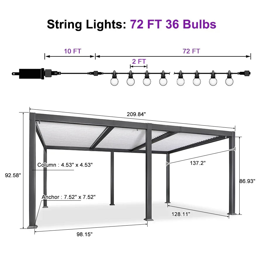 PURPLE LEAF Caesar Louvered Pergola with Milky String Lights Patio Aluminum Pergola with Independent Adjustable Rainproof Roof With Milky Lights