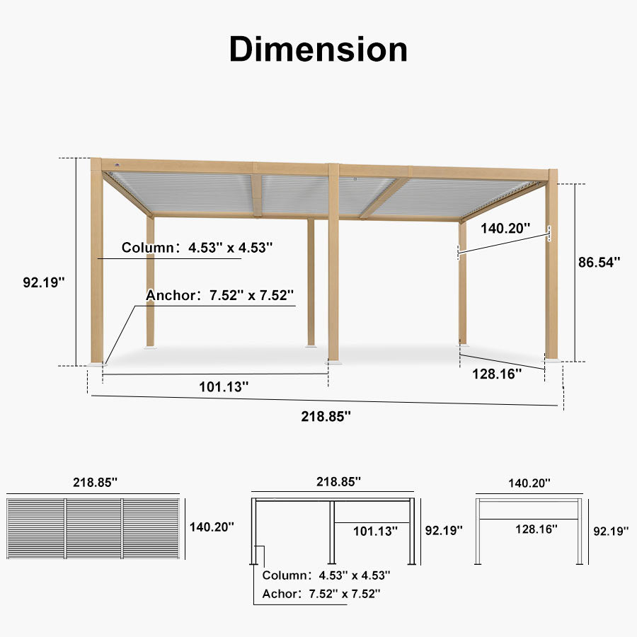 PURPLE LEAF Caesar Louvered Pergola Outdoor Wood Grain Aluminum Pergola with Adjustable Roof Patio Hardtop Gazebo for Backyard Garden