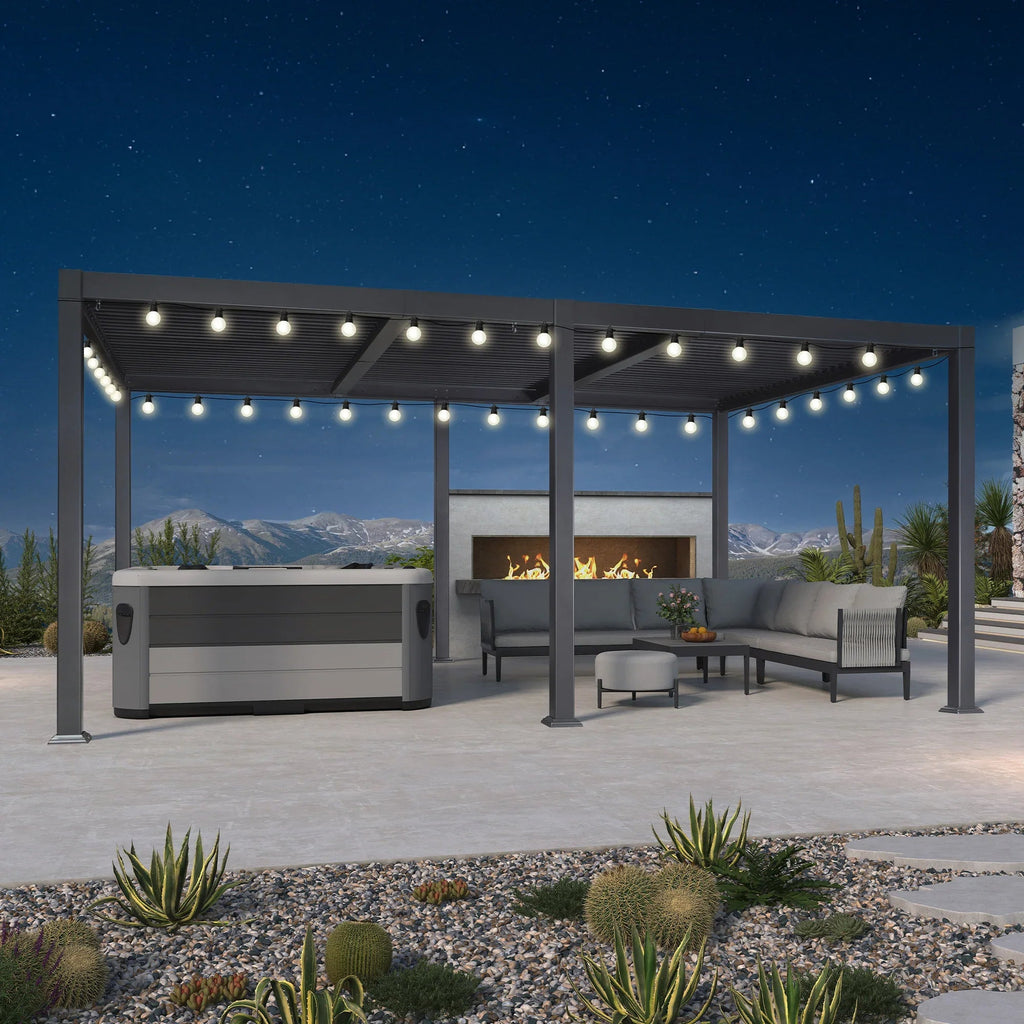 PURPLE LEAF Caesar Louvered Pergola with Milky String Lights Patio Aluminum Pergola with Independent Adjustable Rainproof Roof Hardtop Pergola for Outdoor Deck Garden Yard
