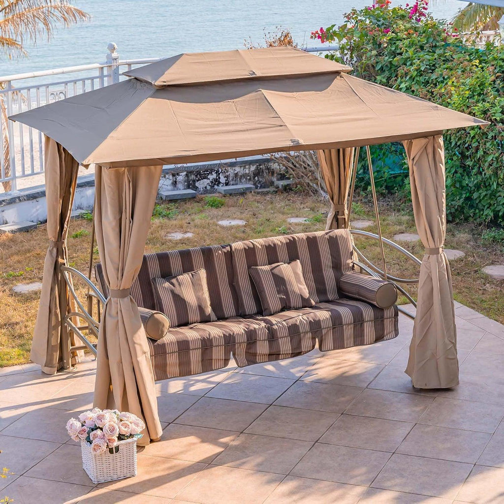 PURPLE LEAF 3 Person Outdoor Patio Porch Swing Gazebo with Netting & Gazebo Curtains with Canopy Swings for Adults