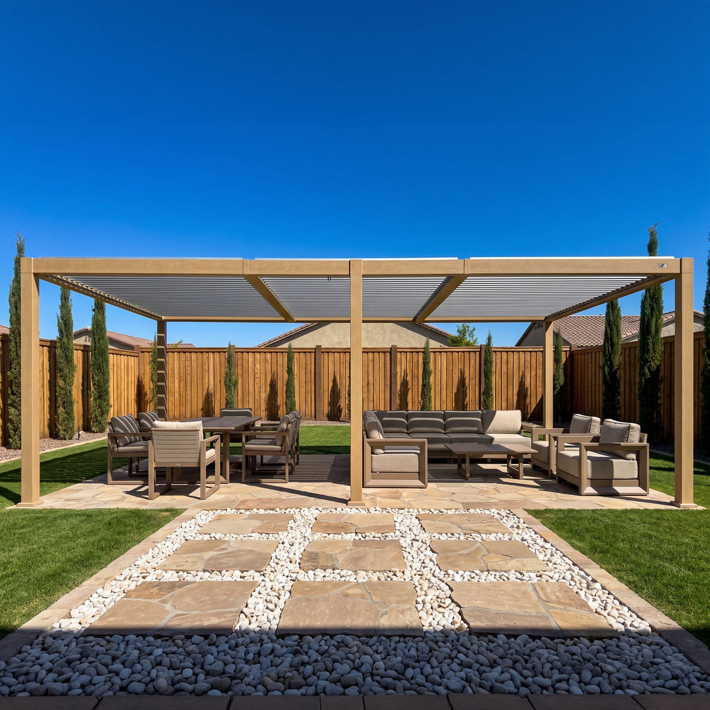 PURPLE LEAF Caesar Louvered Pergola Outdoor Wood Grain Aluminum Pergola with Adjustable Roof Patio Hardtop Gazebo for Backyard Garden