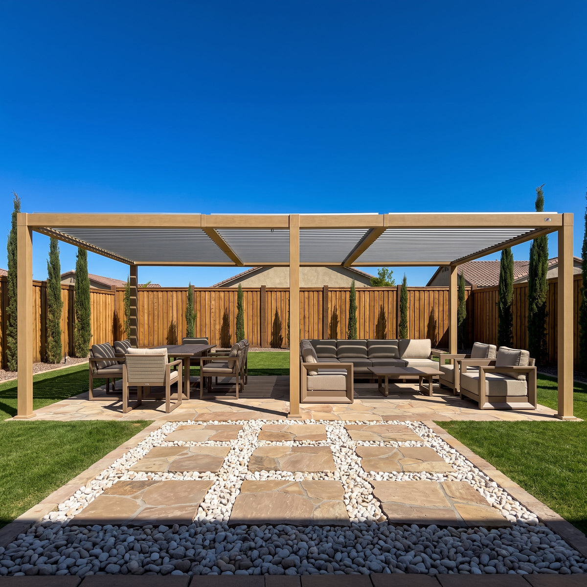 PURPLE LEAF Caesar Louvered Pergola Outdoor Wood Grain Aluminum Pergola with Adjustable Roof Patio Hardtop Gazebo for Backyard Garden