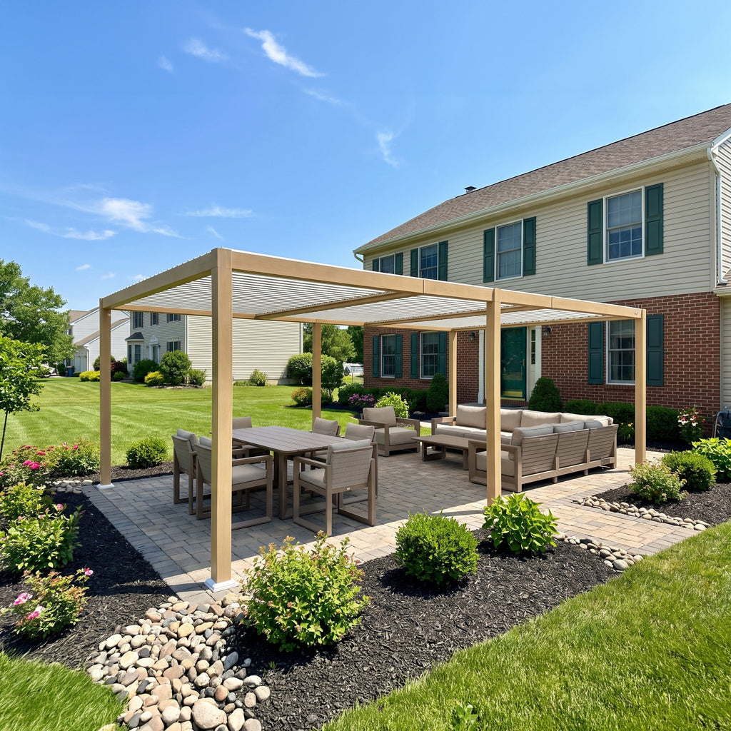 PURPLE LEAF Caesar Louvered Pergola Outdoor Wood Grain Aluminum Pergola with Adjustable Roof Patio Hardtop Gazebo for Backyard Garden