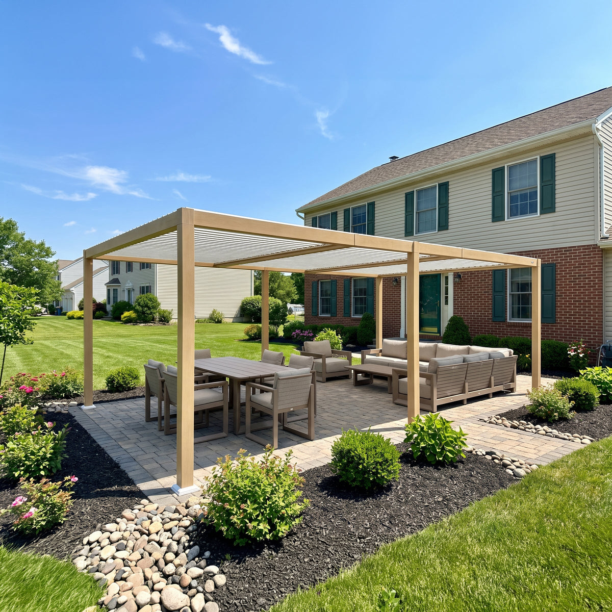 PURPLE LEAF Caesar Louvered Pergola Outdoor Wood Grain Aluminum Pergola with Adjustable Roof Patio Hardtop Gazebo for Backyard Garden
