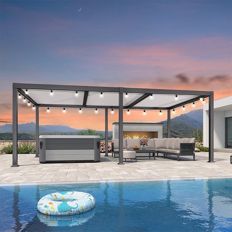 PURPLE LEAF Caesar Louvered Pergola with Milky String Lights Patio Aluminum Pergola with Independent Adjustable Rainproof Roof Hardtop Pergola for Outdoor Deck Garden Yard