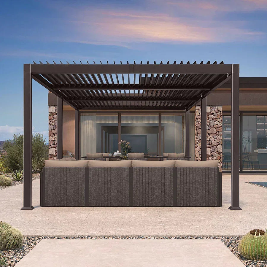 PURPLE LEAF Caesar Louvered Pergola Outdoor Adjustable Louvre Shade Modern Patio Aluminum Pergola with  Yellow Lights
