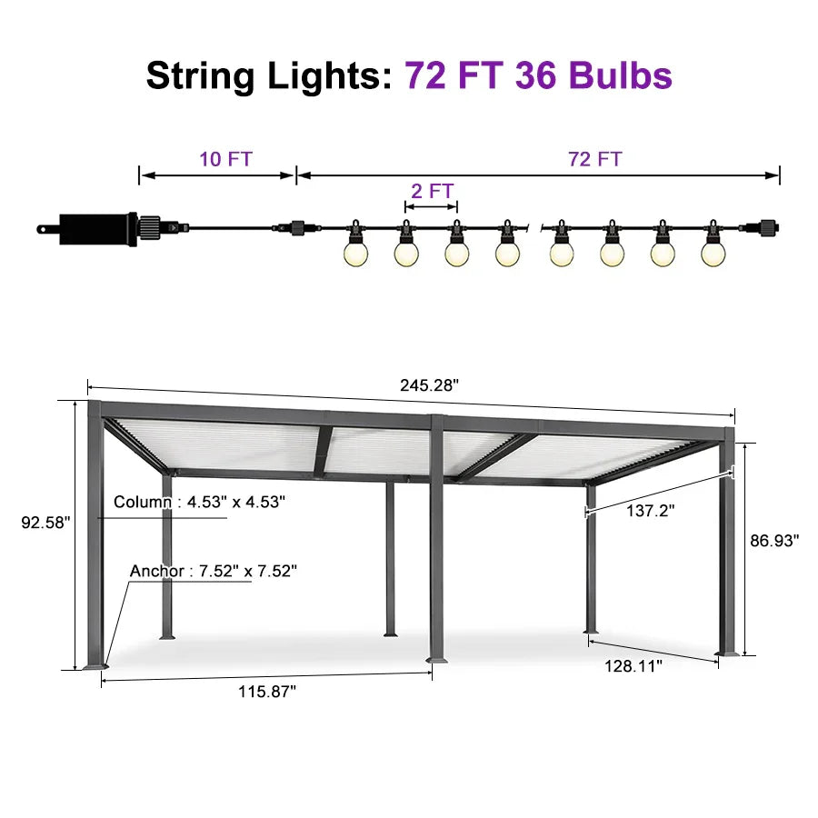 PURPLE LEAF Caesar Louvered Pergola with String Lights Patio Aluminum Pergola with Independent Adjustable Rainproof Roof With Yellow Lights