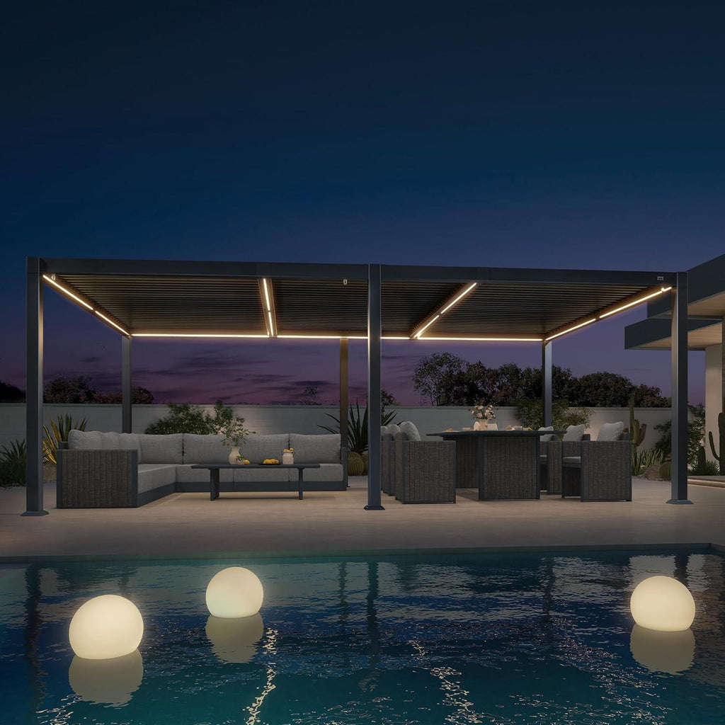 PURPLE LEAF Caesar Solar Louvered Pergola with LED Strip Lights and Control Panel Aluminum Outdoor Pergola with Adjustable Roof for Patio Deck Garden Yard Gray