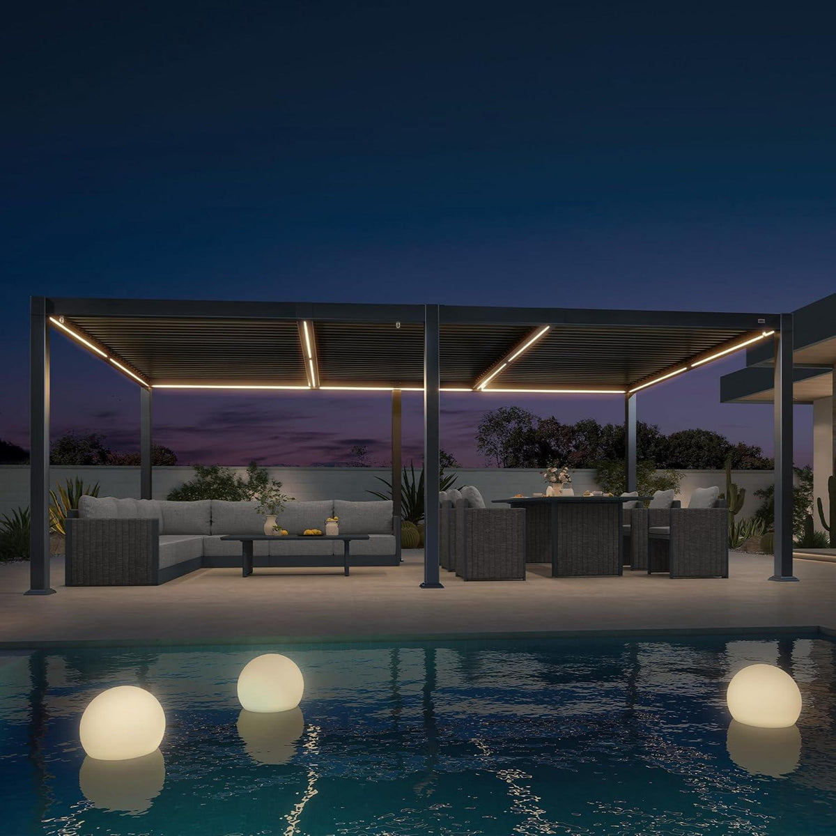 PURPLE LEAF Caesar Solar Louvered Pergola with LED Strip Lights and Control Panel Aluminum Outdoor Pergola with Adjustable Roof for Patio Deck Garden Yard Gray