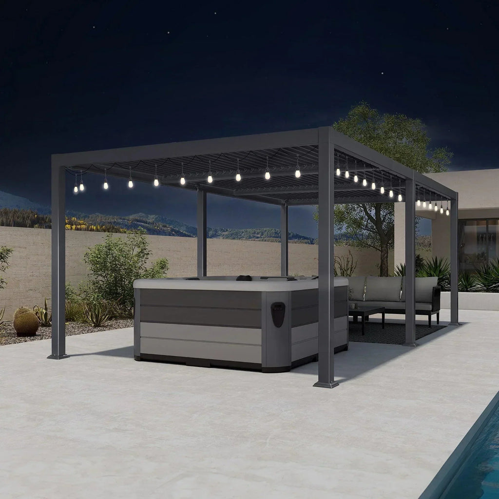 PURPLE LEAF Caesar Louvered Pergola with Milky String Lights Patio Aluminum Pergola with Independent Adjustable Rainproof Roof Hardtop Pergola for Outdoor Deck Garden Yard
