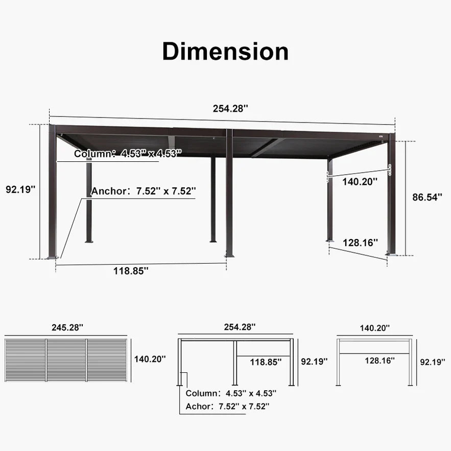 PURPLE LEAF Caesar Solar Louvered Pergola with LED Strip Lights and Control Panel Aluminum Outdoor Pergola with Adjustable Roof for Patio Deck Garden Yard Bronze