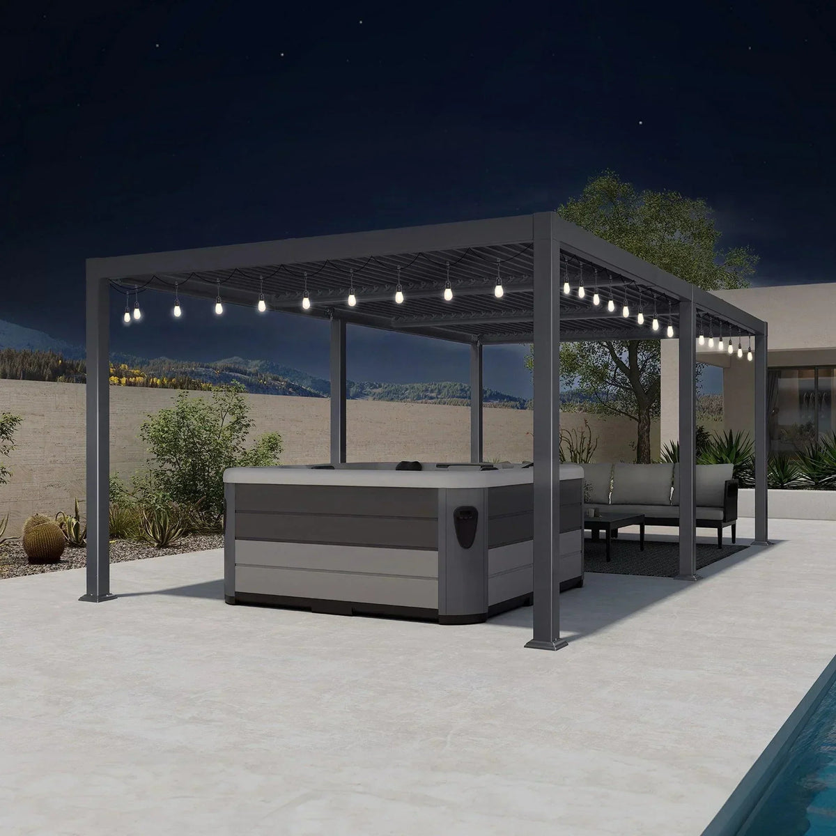 PURPLE LEAF Caesar Louvered Pergola with Milky String Lights Patio Aluminum Pergola with Independent Adjustable Rainproof Roof With Milky Lights