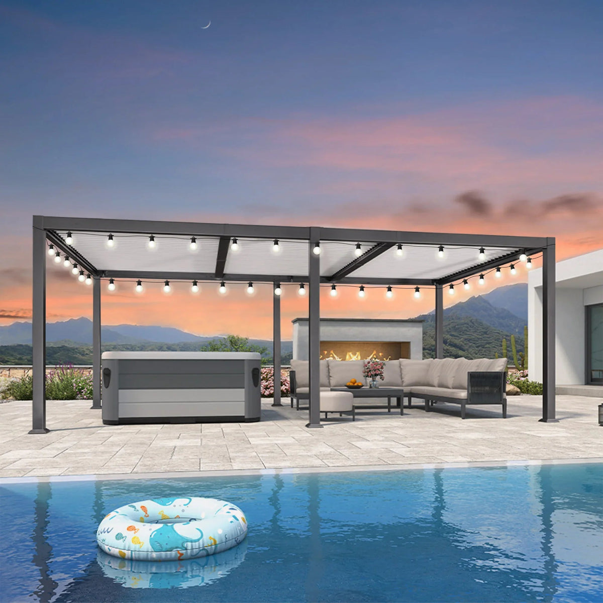 PURPLE LEAF Caesar Louvered Pergola with Milky String Lights Patio Aluminum Pergola with Independent Adjustable Rainproof Roof With Milky Lights