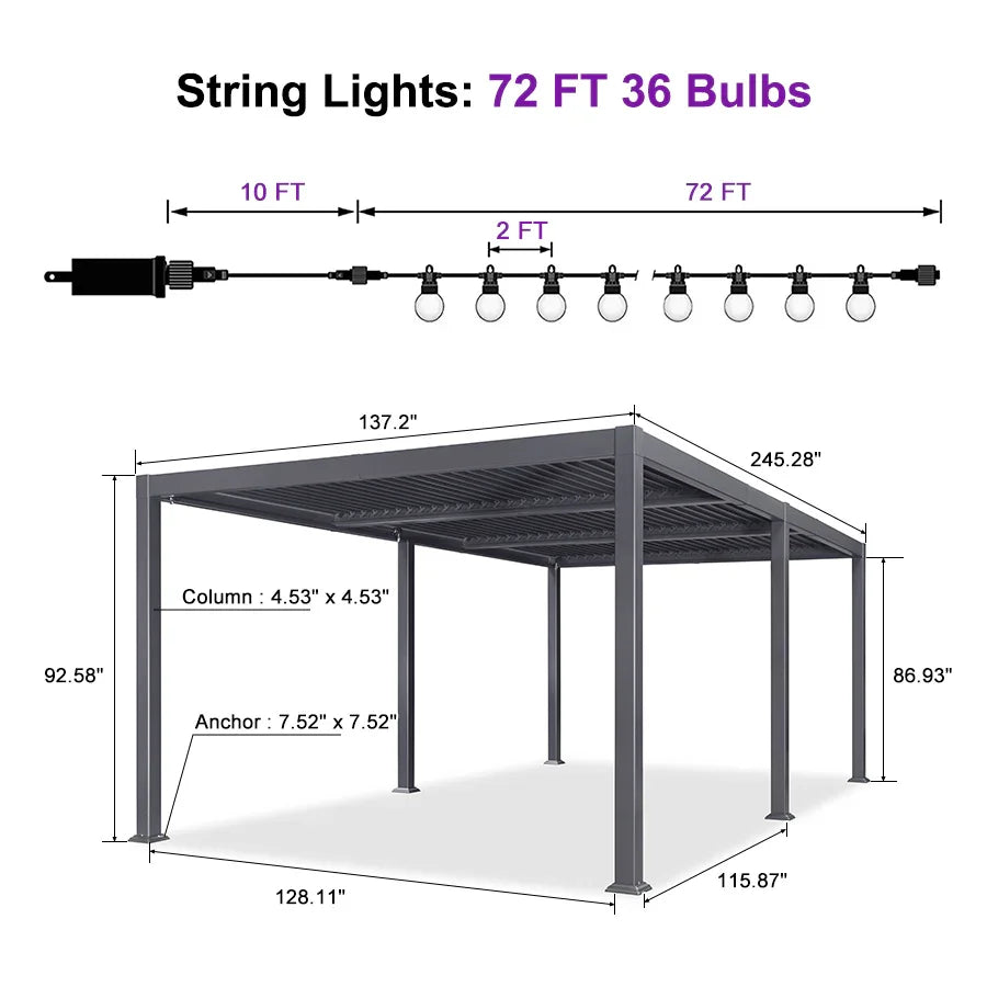 PURPLE LEAF Caesar Louvered Pergola with Milky String Lights Patio Aluminum Pergola with Independent Adjustable Rainproof Roof Hardtop Pergola for Outdoor Deck Garden Yard