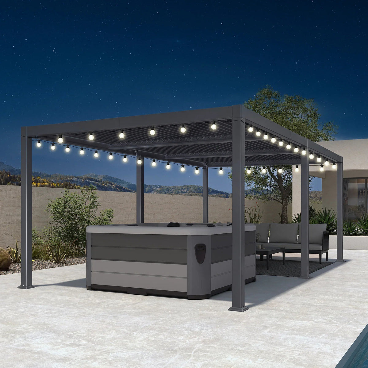 PURPLE LEAF Caesar Louvered Pergola with Milky String Lights Patio Aluminum Pergola with Independent Adjustable Rainproof Roof Hardtop Pergola for Outdoor Deck Garden Yard