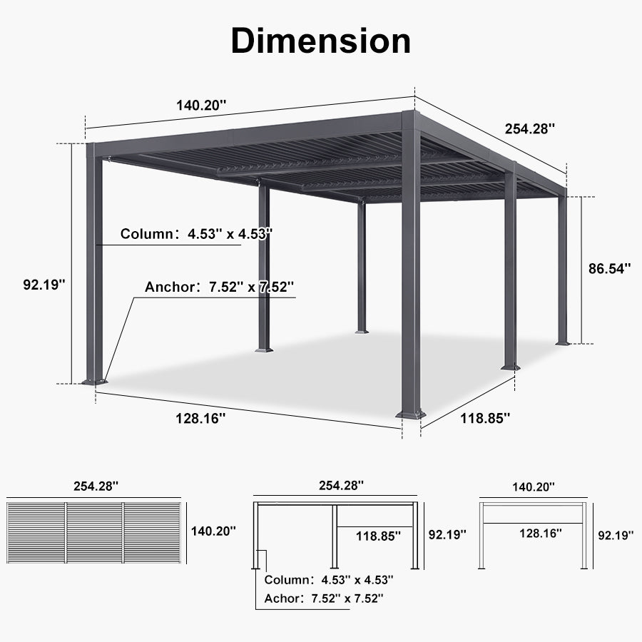 PURPLE LEAF Caesar Outdoor Louvered Pergola Patio Sun Shade Shelter with Adjustable Hardtop Patio Pergola Grey
