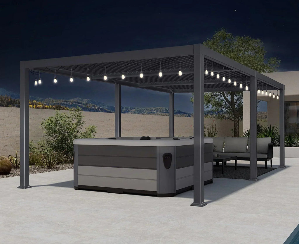 PURPLE LEAF Caesar Louvered Pergola with Milky String Lights Patio Aluminum Pergola with Independent Adjustable Rainproof Roof With Milky Lights