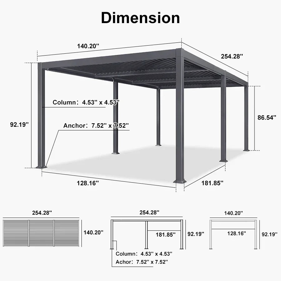PURPLE LEAF Caesar Outdoor Louvered Pergola Patio Sun Shade Shelter with Adjustable Hardtop Patio Pergola Grey