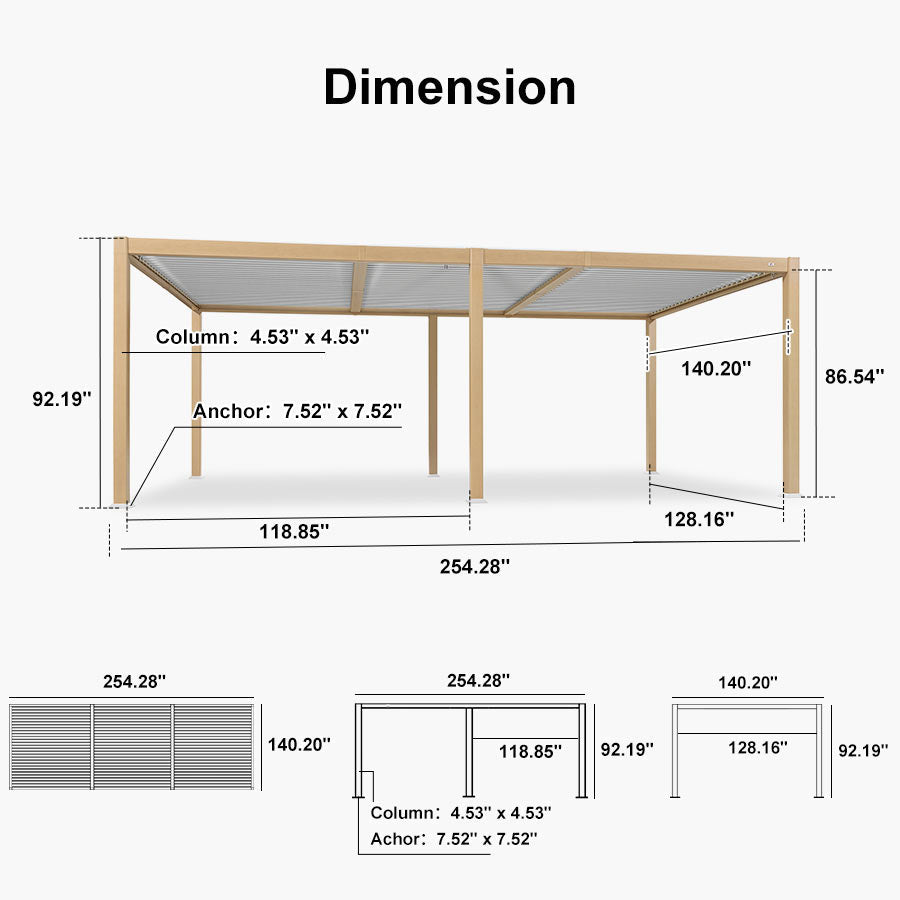 PURPLE LEAF Caesar Louvered Pergola Outdoor Wood Grain Aluminum Pergola with Adjustable Roof Patio Hardtop Gazebo for Backyard Garden