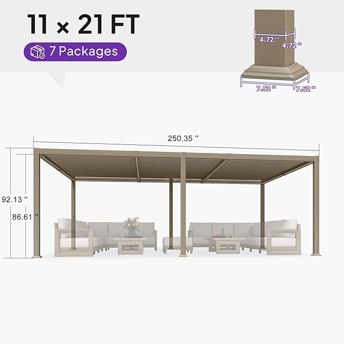 PURPLE LEAF Caesar Solar Louvered Pergola with LED Strip Lights and Control Panel Aluminum Outdoor Pergola with Adjustable Roof for Patio Deck Garden Yard Champagne