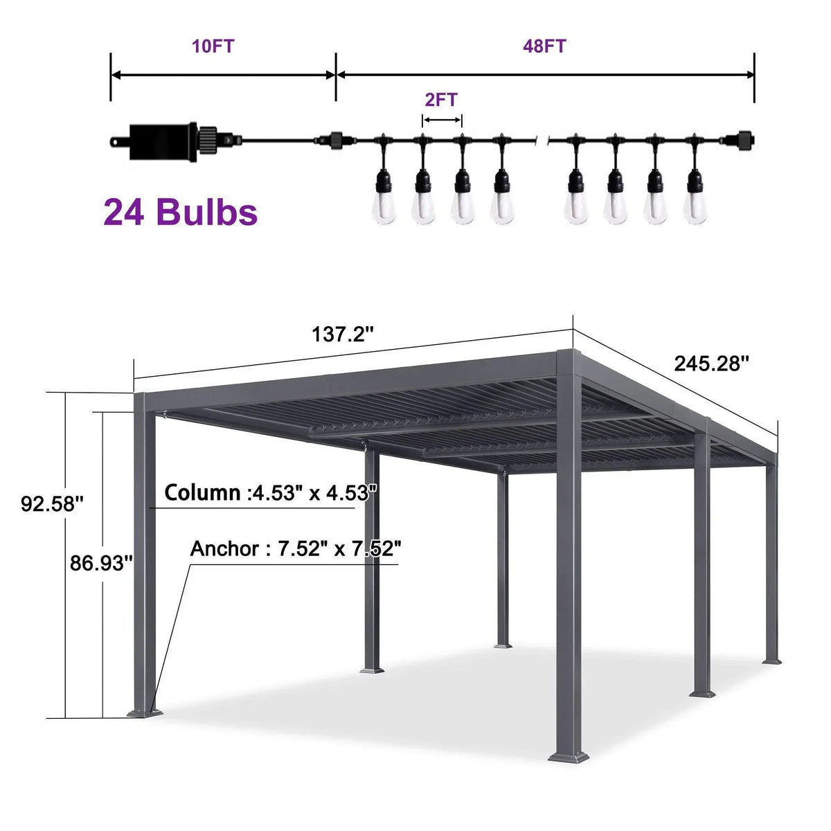 PURPLE LEAF Caesar Louvered Pergola with Milky String Lights Patio Aluminum Pergola with Independent Adjustable Rainproof Roof Hardtop Pergola for Outdoor Deck Garden Yard