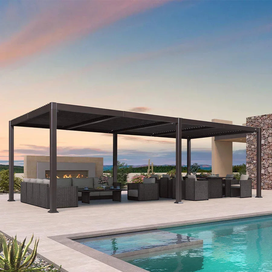 PURPLE LEAF Caesar Louvered Pergola Outdoor Adjustable Louvre Shade Modern Patio Aluminum Pergola with  Yellow Lights