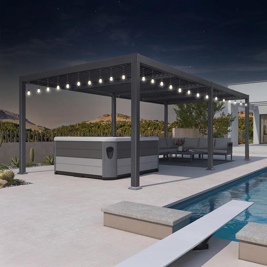 PURPLE LEAF Caesar Louvered Pergola with Yellow String Lights Patio Aluminum Pergola with Independent Adjustable Rainproof Roof Hardtop Pergola for Outdoor Deck Garden Yard