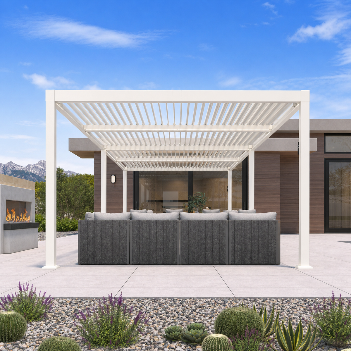 PURPLE LEAF Caesar LED Louvered Pergola with Integrated Solar Strip Lights Adjustable Aluminum Louvers Wind Resistant Pergolas for Patio Dining Deck Garden Yard White