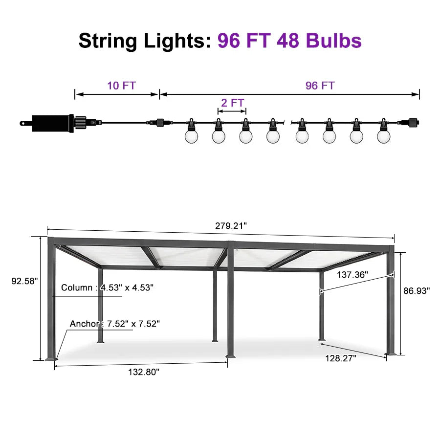 PURPLE LEAF Caesar Louvered Pergola with Milky String Lights Patio Aluminum Pergola with Independent Adjustable Rainproof Roof With Milky Lights