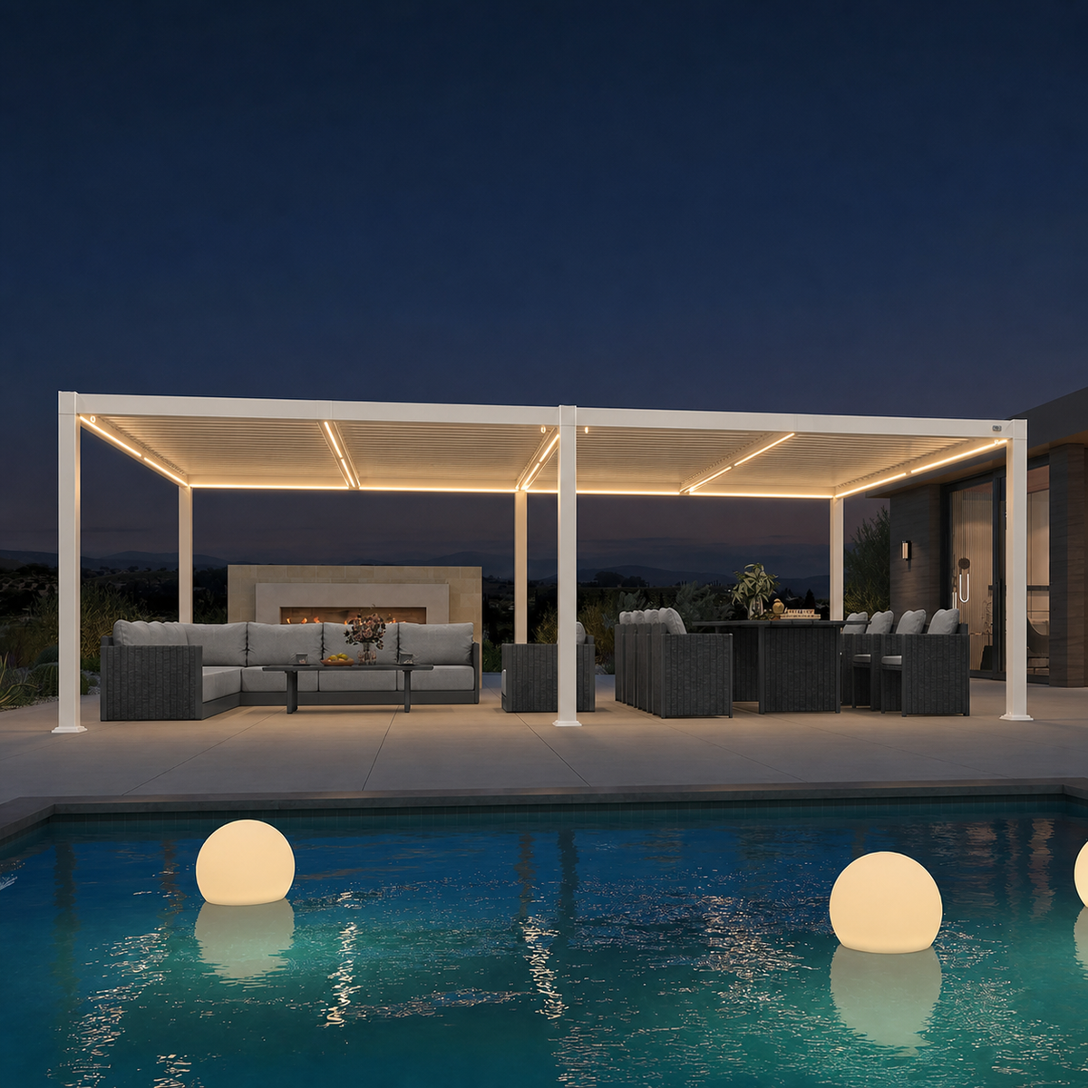 PURPLE LEAF Caesar LED Louvered Pergola with Integrated Solar Strip Lights Adjustable Aluminum Louvers Wind Resistant Pergolas for Patio Dining Deck Garden Yard White