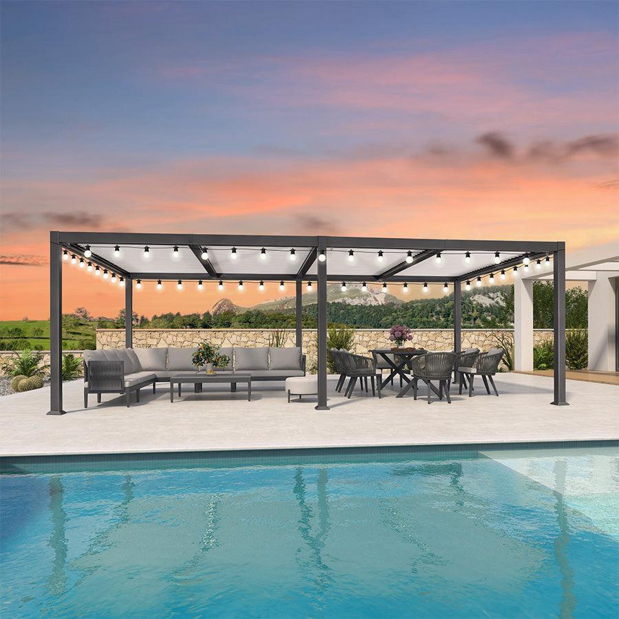 PURPLE LEAF Caesar Louvered Pergola with Milky String Lights Patio Aluminum Pergola with Independent Adjustable Rainproof Roof With Milky Lights