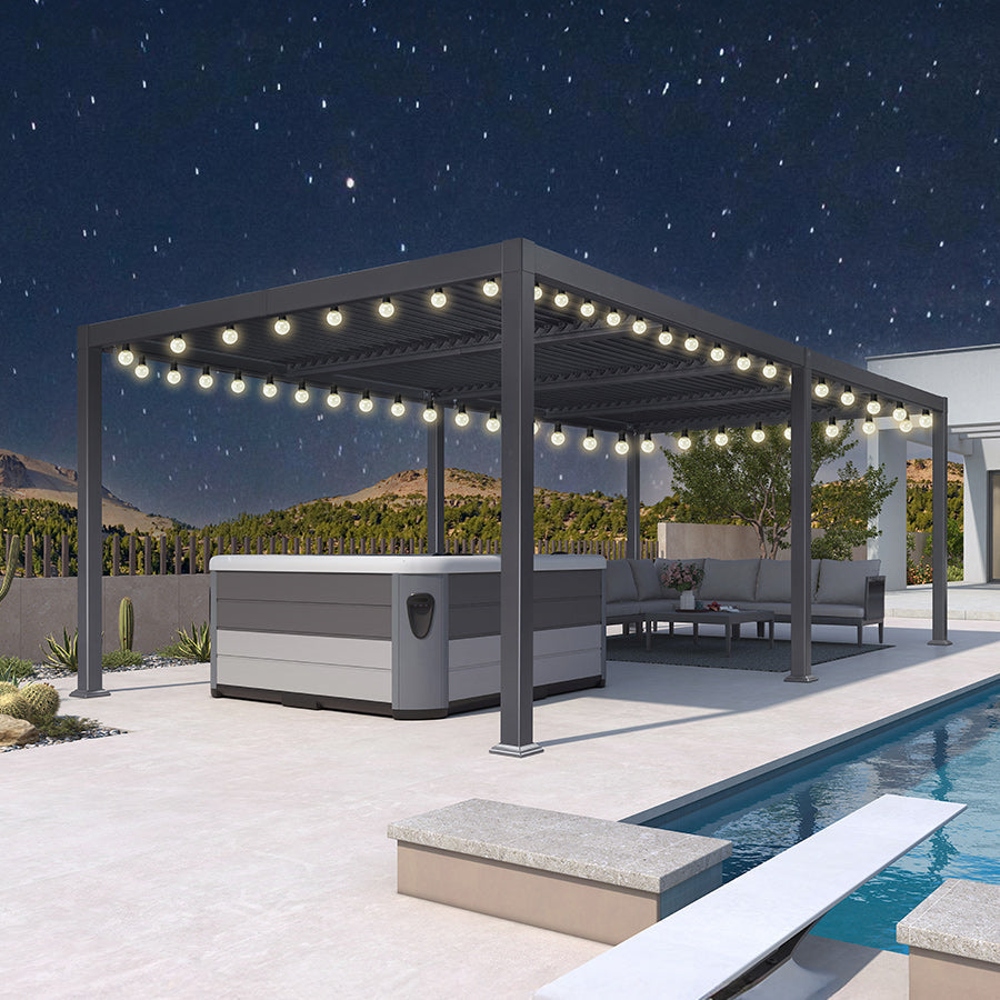 PURPLE LEAF Caesar Louvered Pergola with Yellow String Lights Patio Aluminum Pergola with Independent Adjustable Rainproof Roof Hardtop Pergola for Outdoor Deck Garden Yard