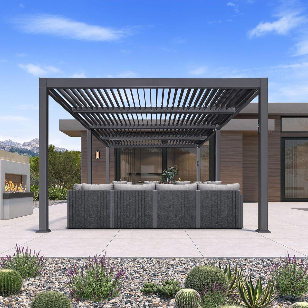 PURPLE LEAF Caesar Solar Louvered Pergola with LED Strip Lights and Control Panel Aluminum Outdoor Pergola with Adjustable Roof for Patio Deck Garden Yard Gray